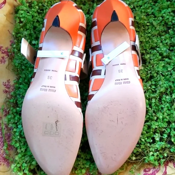 MIU MIU Y2k Orange  Brown Basketweave Italy  Leather Mary Janes Shoes 39 8.5 Euc - Picture 11 of 16